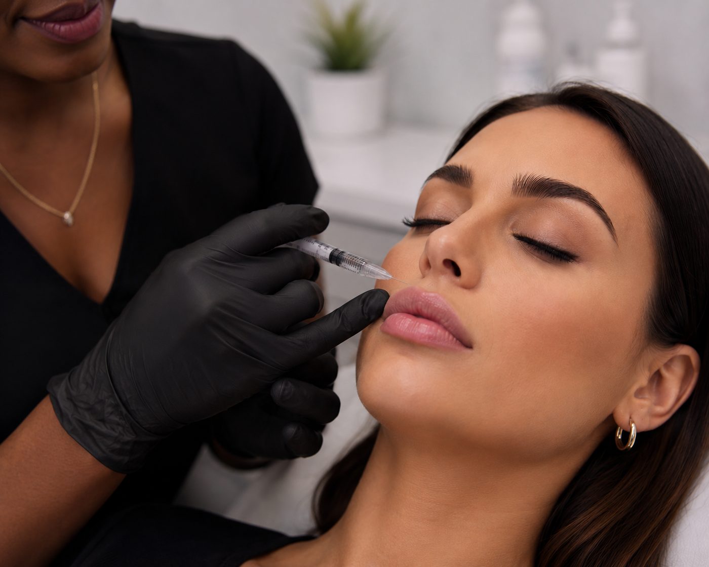 Client receiving a precise injection at a medical aesthetics studio